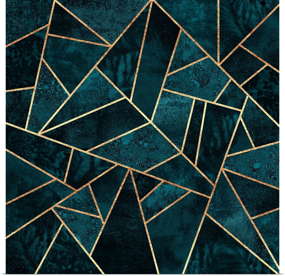A contemporary, geometric, art deco design in shades of dark teal. The shapes are outlined in gold.
