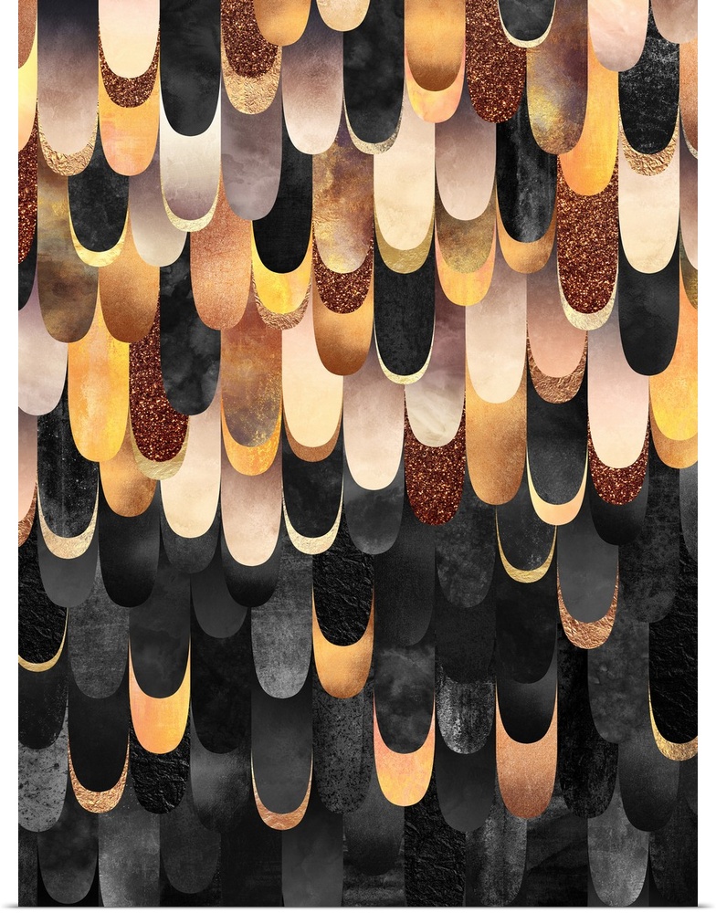 Overlapping scales in shades of copper, rose gold, grey and black form a feather design