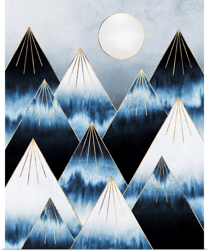 A simple geometric interpretation of triangular mountains in shades of  ivory and indigo blue  beneath a white moon.