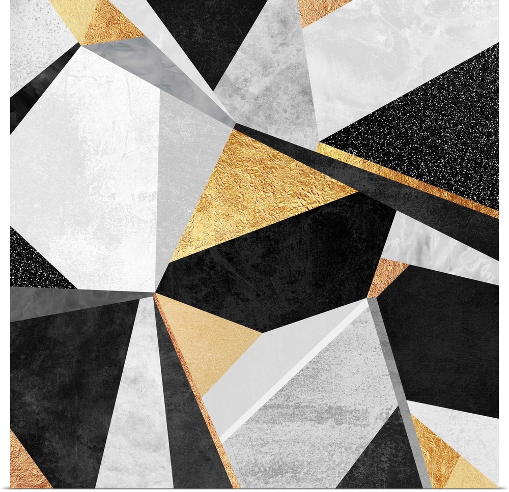 A contemporary, geometric, diagonal art deco design in shades of grey, white and gold.