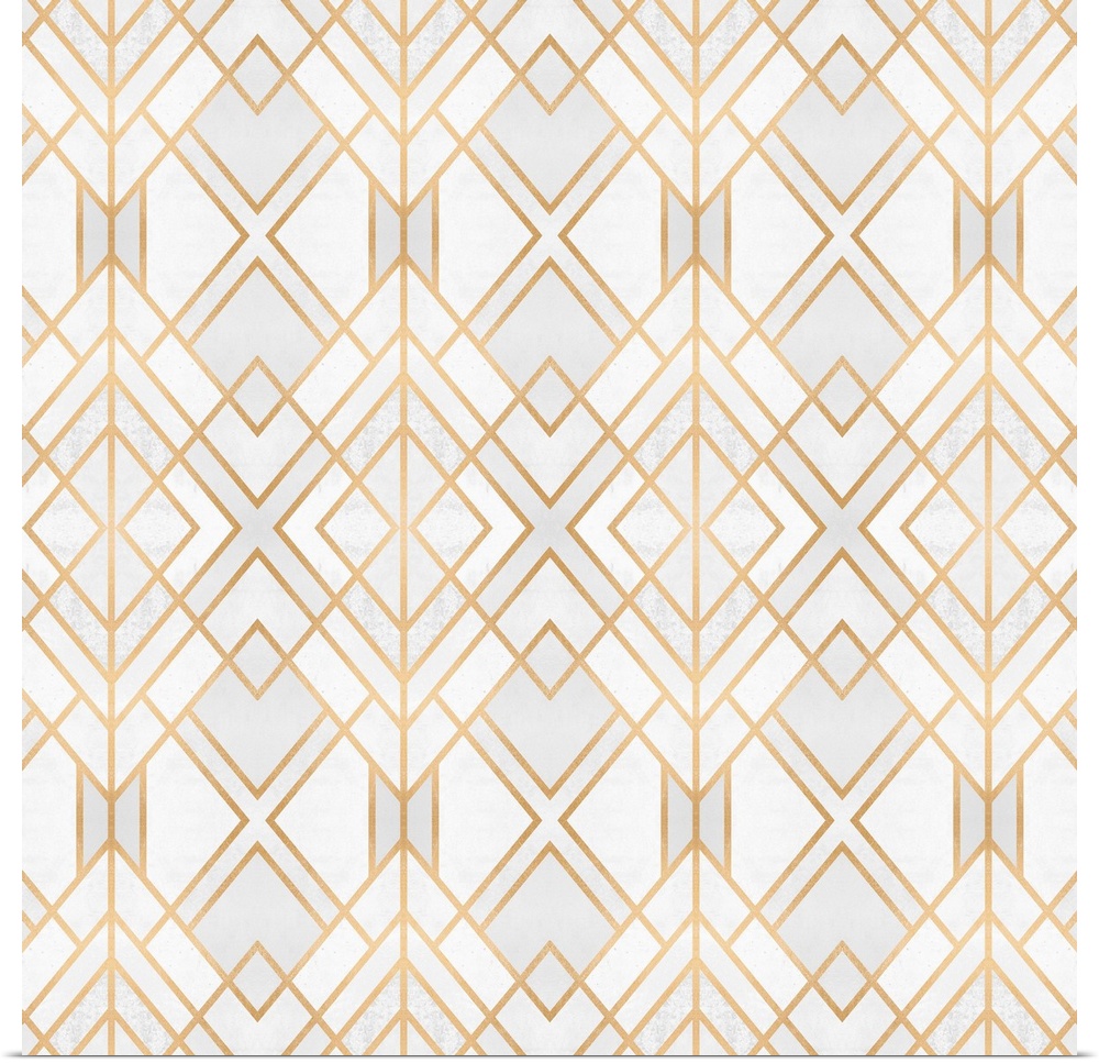 A geometric, ikat-type design in shades of white and grey, outlined in gold lines.