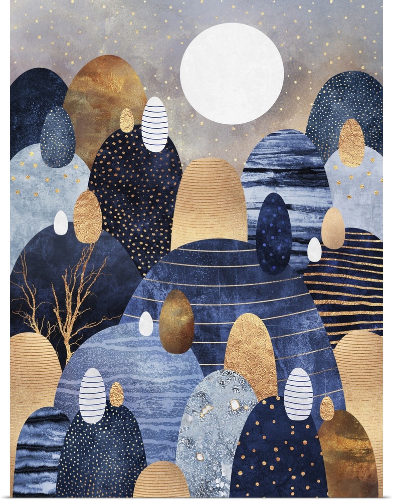Organic oval shapes in shades of indigo, copper, and white with gold accents represent mountains underneath an ivory moon.