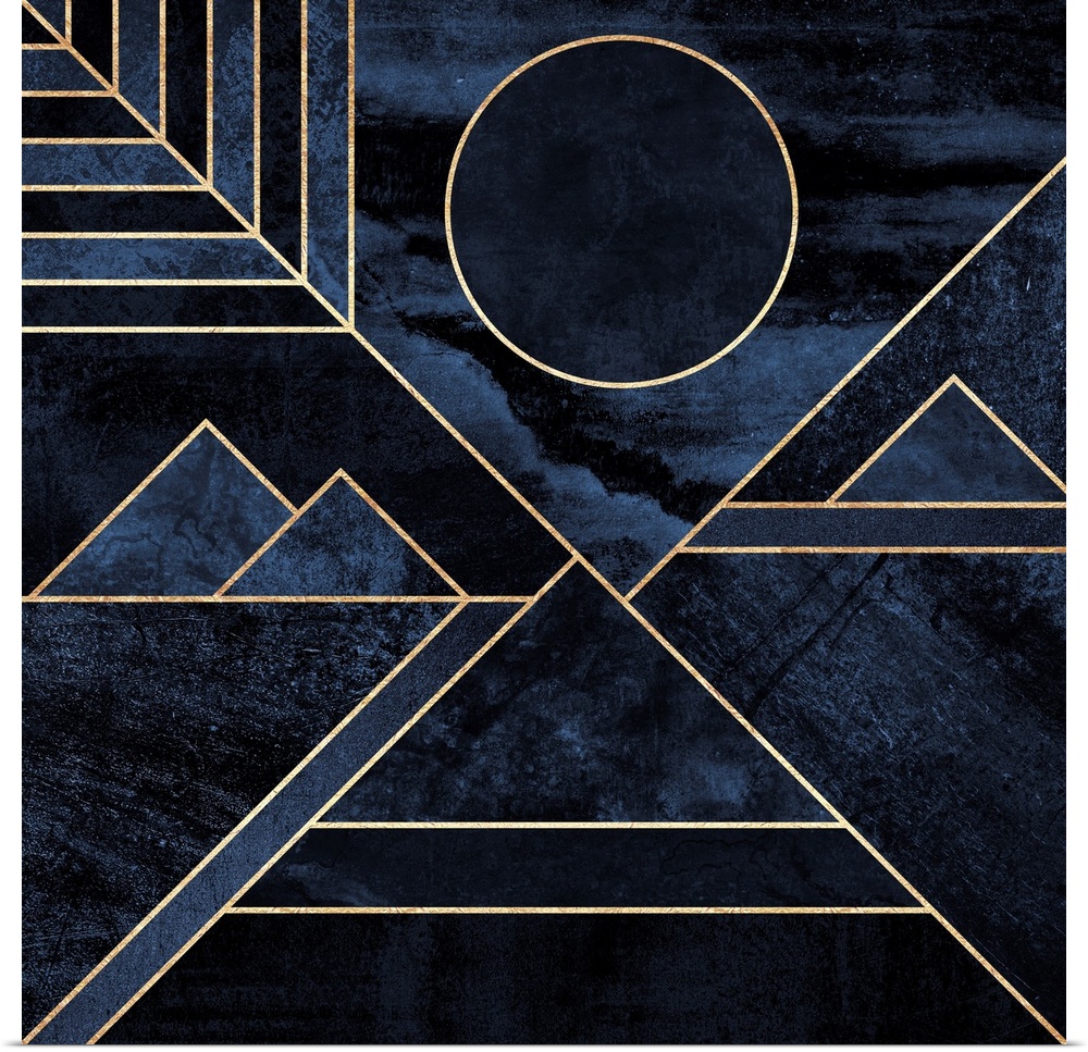 A contemporary, geometric, art deco design in shades of grey and blue. The shapes are outlined in gold and suggest a mount...