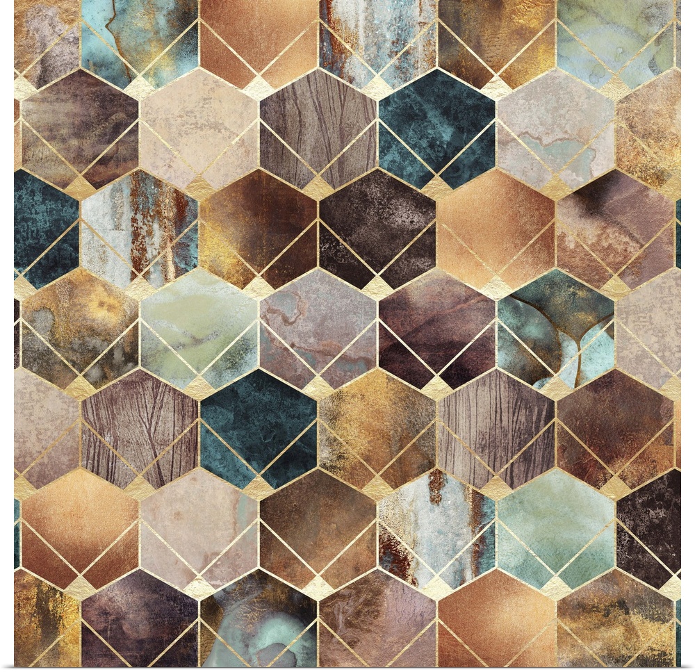 Contemporary abstract design of a set of gold hexagons in metallic greens and earth tones