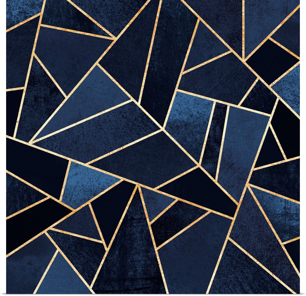 A contemporary, geometric, diagonal art deco design in shades of indigo. The shapes are outlined in gold.