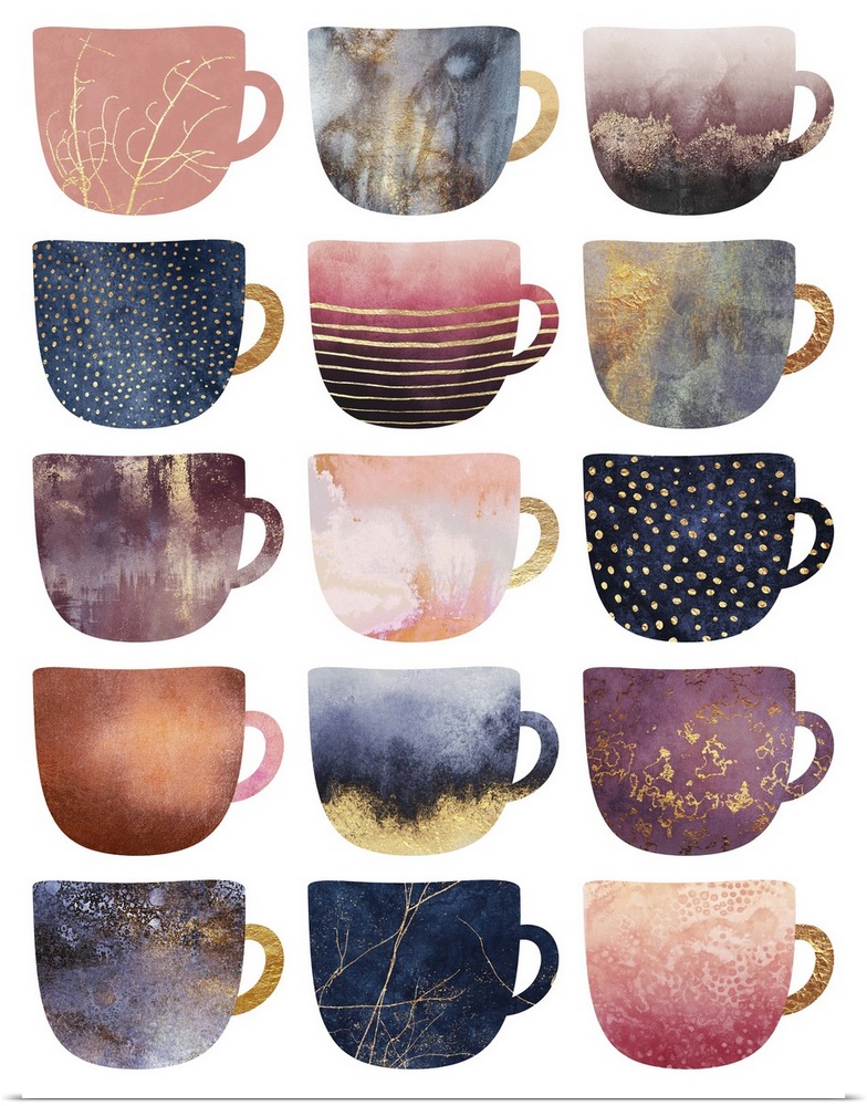 A collection of differently shaped coffee mugs featuring different patterns and textures, in pink and slate blue shades.