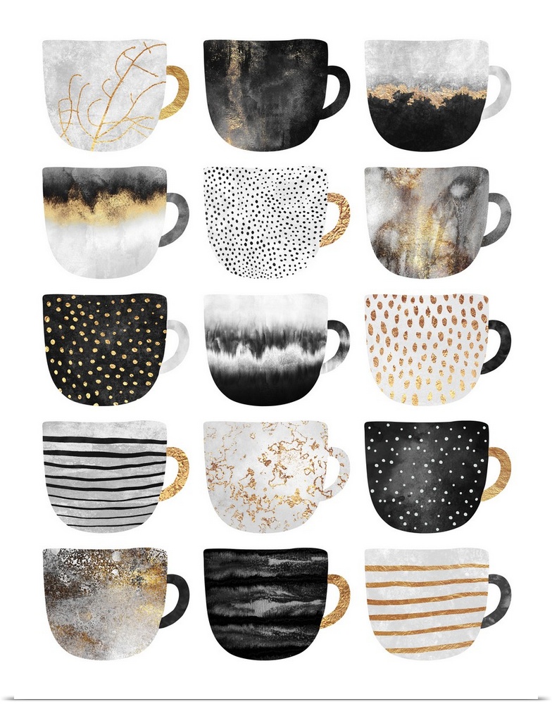 A collection of differently shaped coffee mugs featuring different patterns and textures, in shades of black, ivory, grey ...
