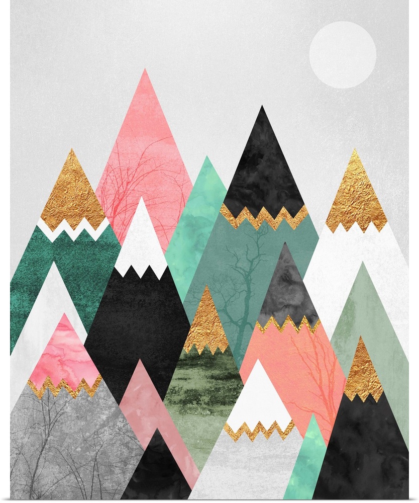 A simple geometric interpretation of triangular mountains in shades of green, pink, white and grey beneath a white moon.
