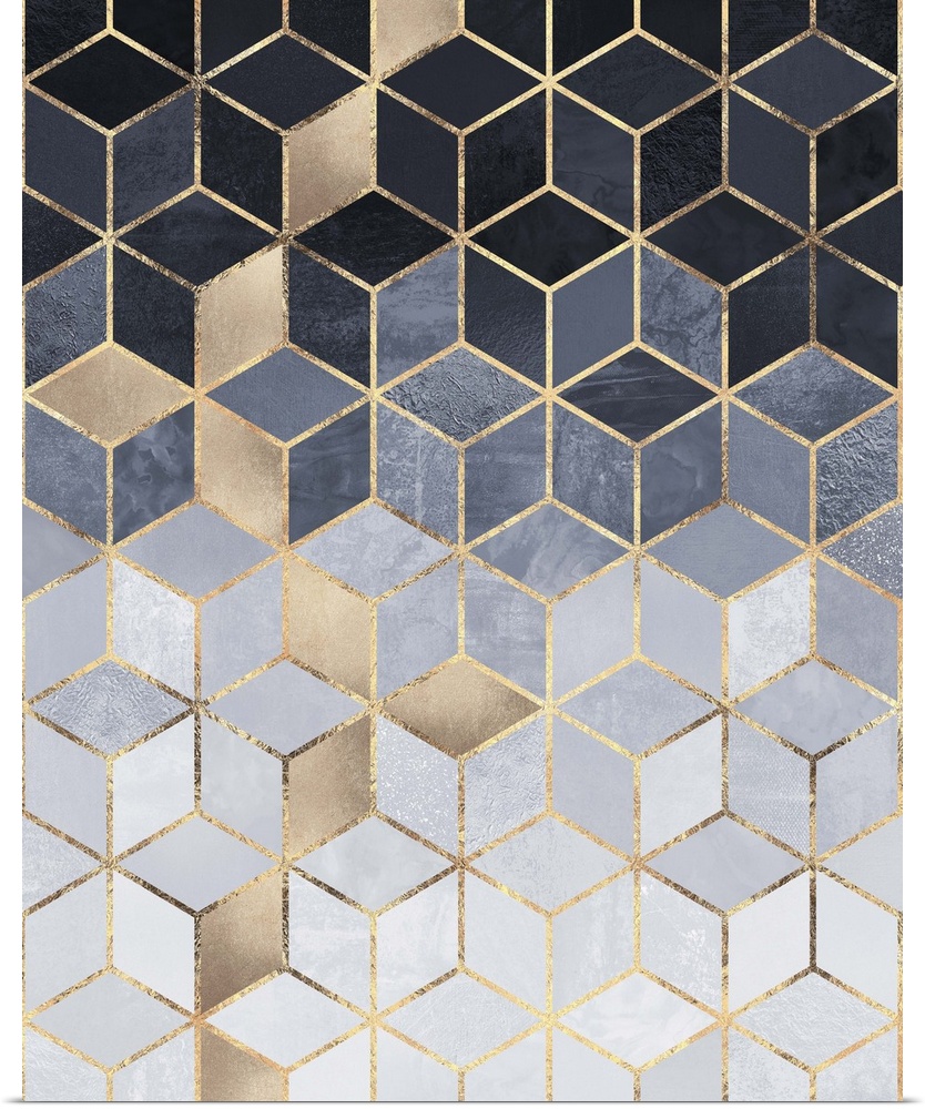 A contemporary, geometric, art deco design in shades of grey, gold, white and blue. The shapes are outlined in gold and su...