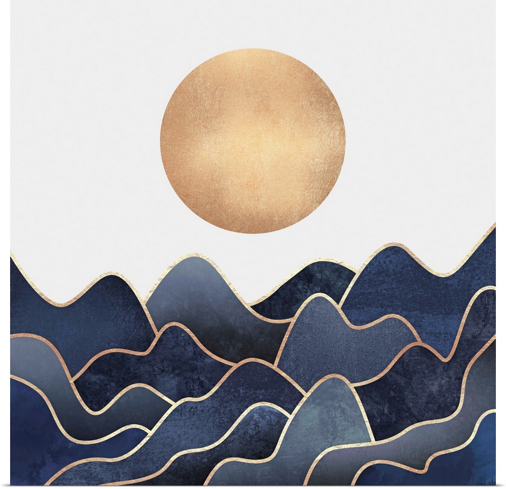 Overlapping, organic trianglular shapes in shades ofblue and indigo outlined in gold, representing a series of mountains u...