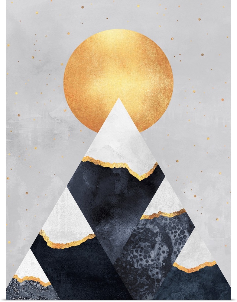 A simple geometric interpretation of triangular mountains in shades of steel blue, gold and grey beneath a gold moon.