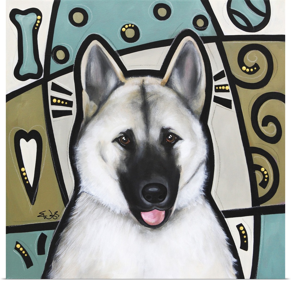 Pop art painting of an Akita dog with bold outlines and colorful patterns.