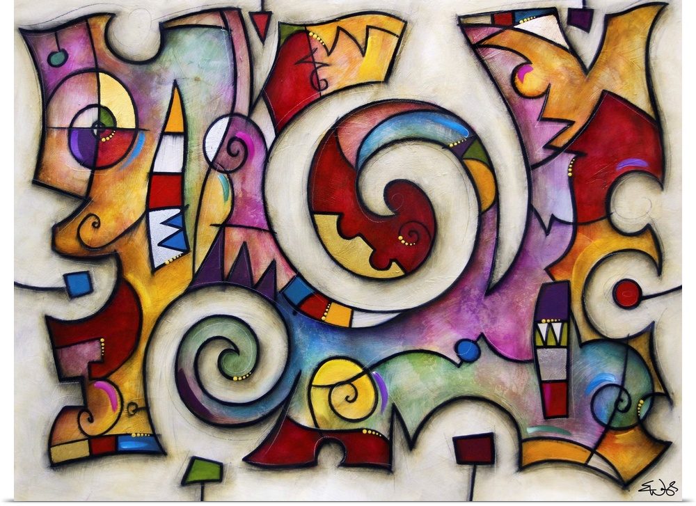 Contemporary abstract painting of colorful puzzle-like collage resembling stained glass.
