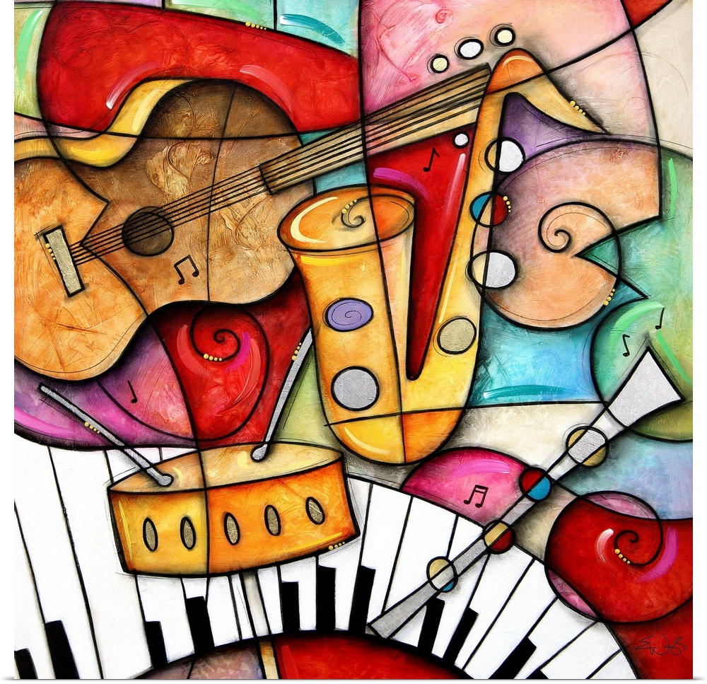 Square artwork on a giant canvas of a grouping of illustrated jazz instruments, including the saxophone, snare drum, bass ...
