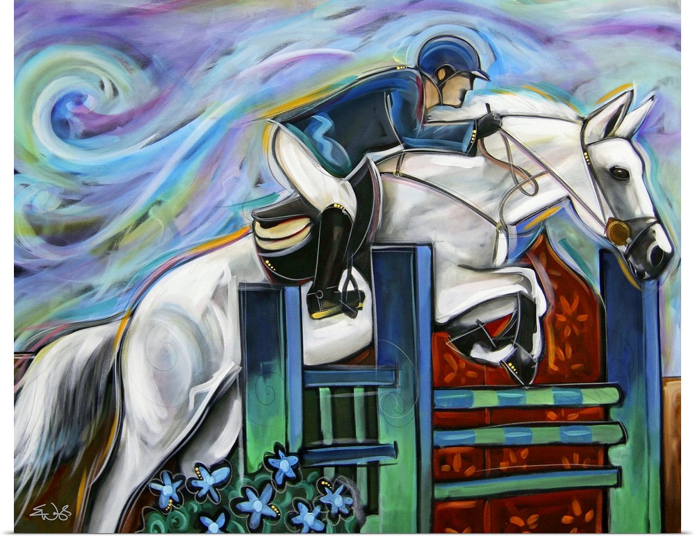 Contemporary painting of a rider jumping a white horse over a green fence.
