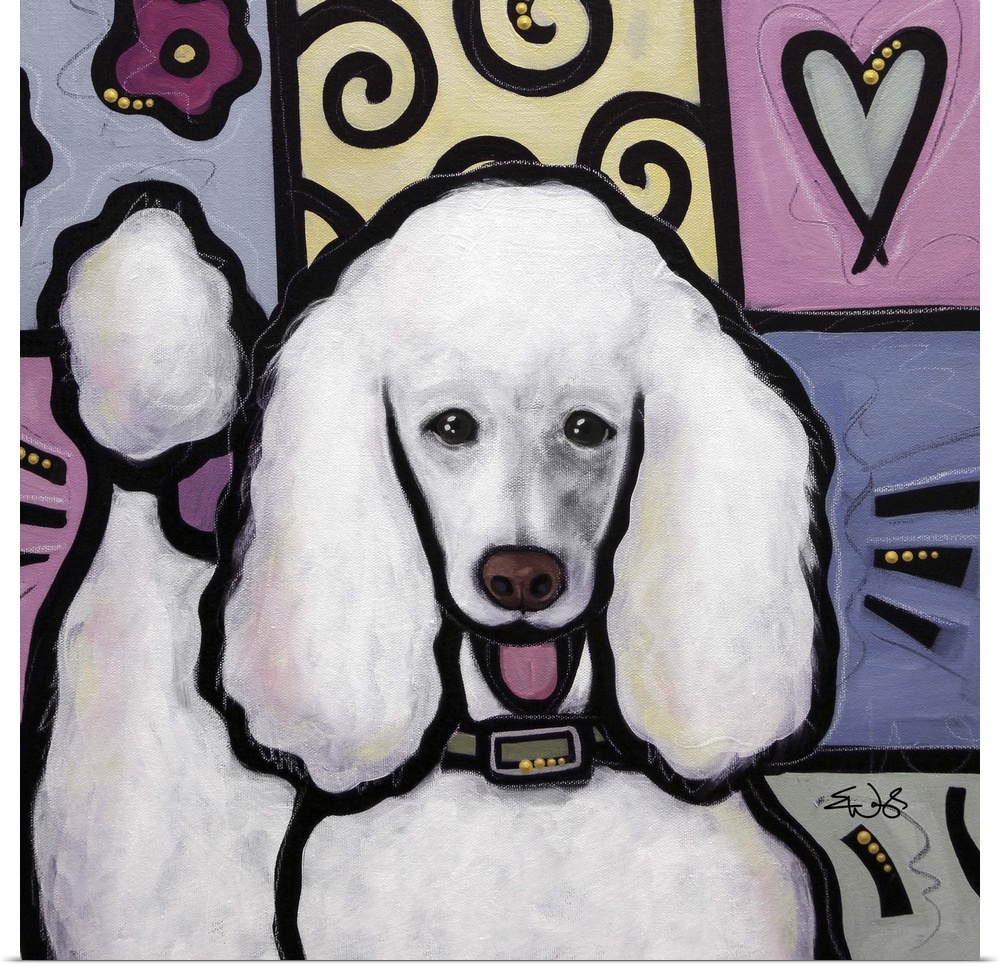 Pop art style painting of a white Standard Poodle dog.