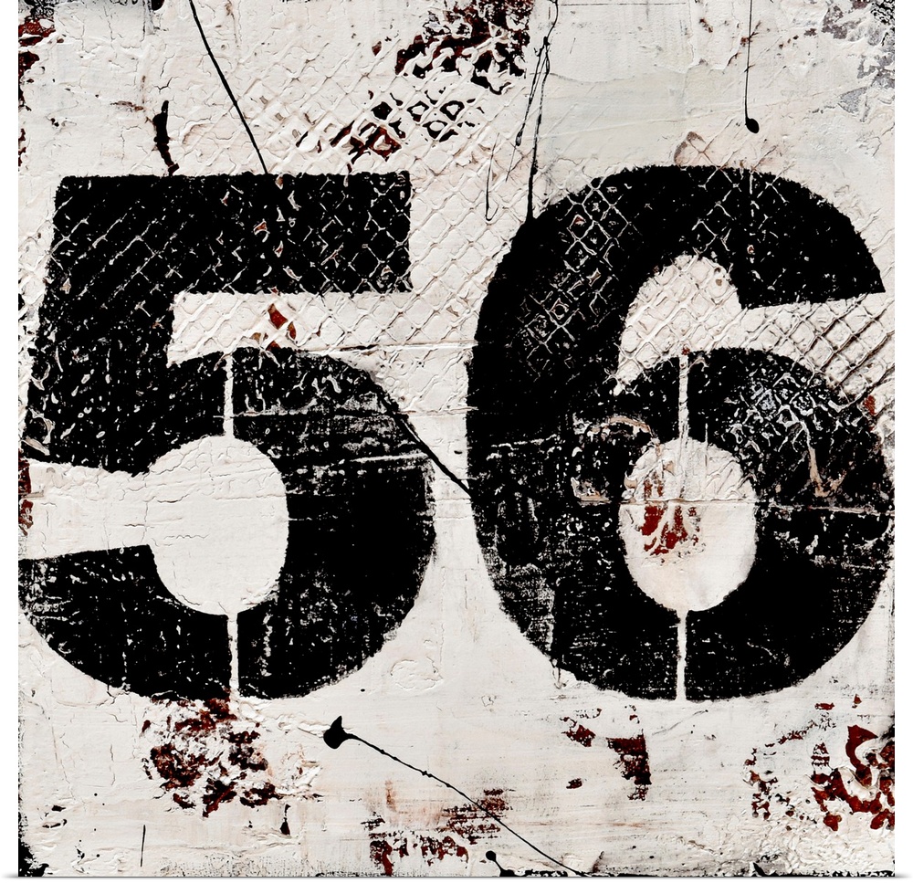 A contemporary abstract painting using a neutral toned background with a bold black number fifty-six.