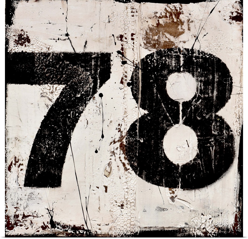 A contemporary abstract painting using a neutral toned background with a bold black number seventy-eight.