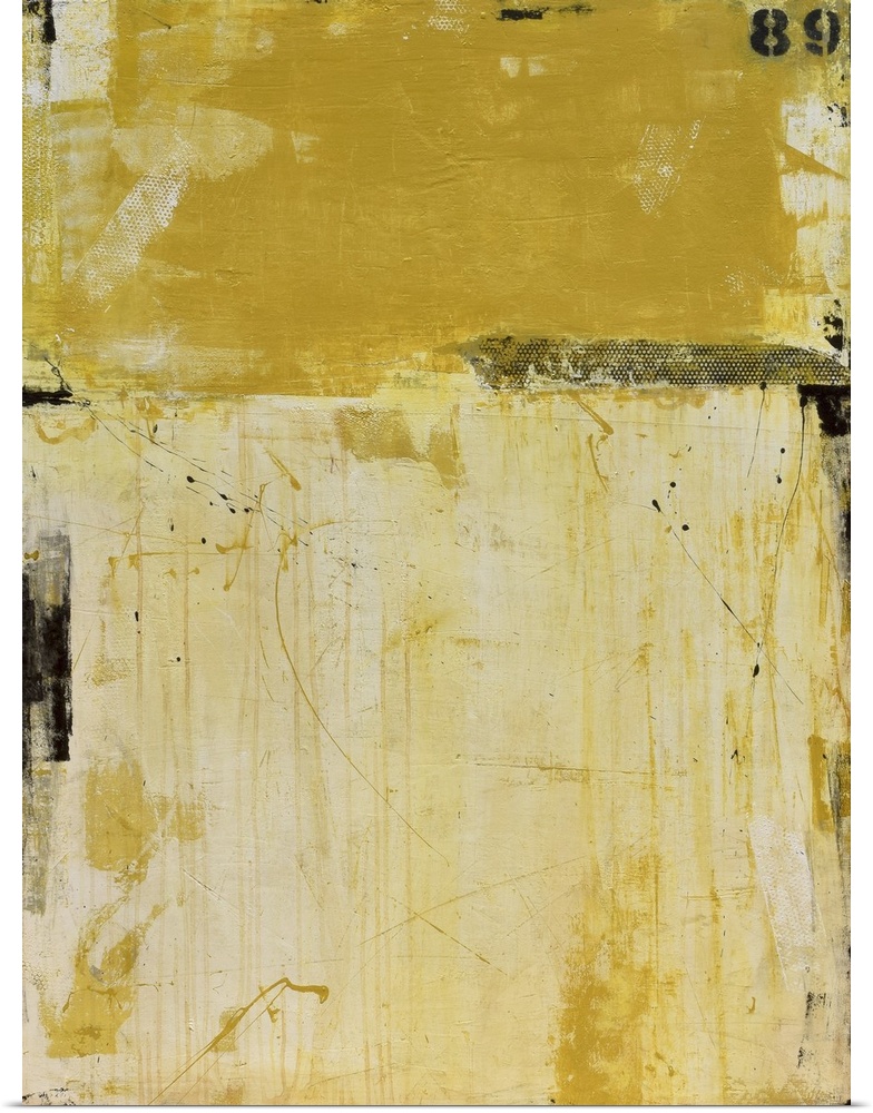 A contemporary abstract painting using two tones of yellow meeting face to face.