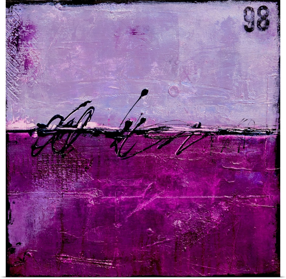 Abstract painting with a bright purple and lavendar splitting the painting in half with a thin, black squiggly line runnin...