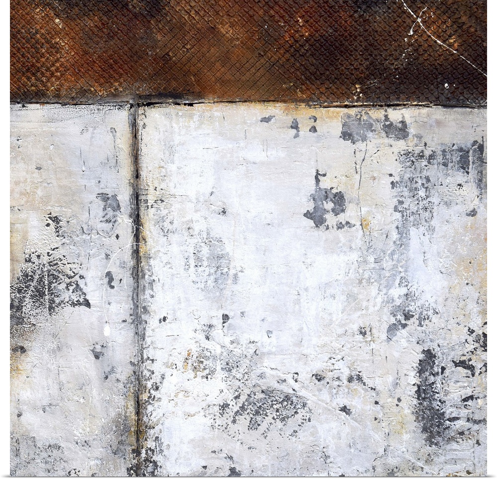 A contemporary abstract painting using geometric shapes and neutral tones.