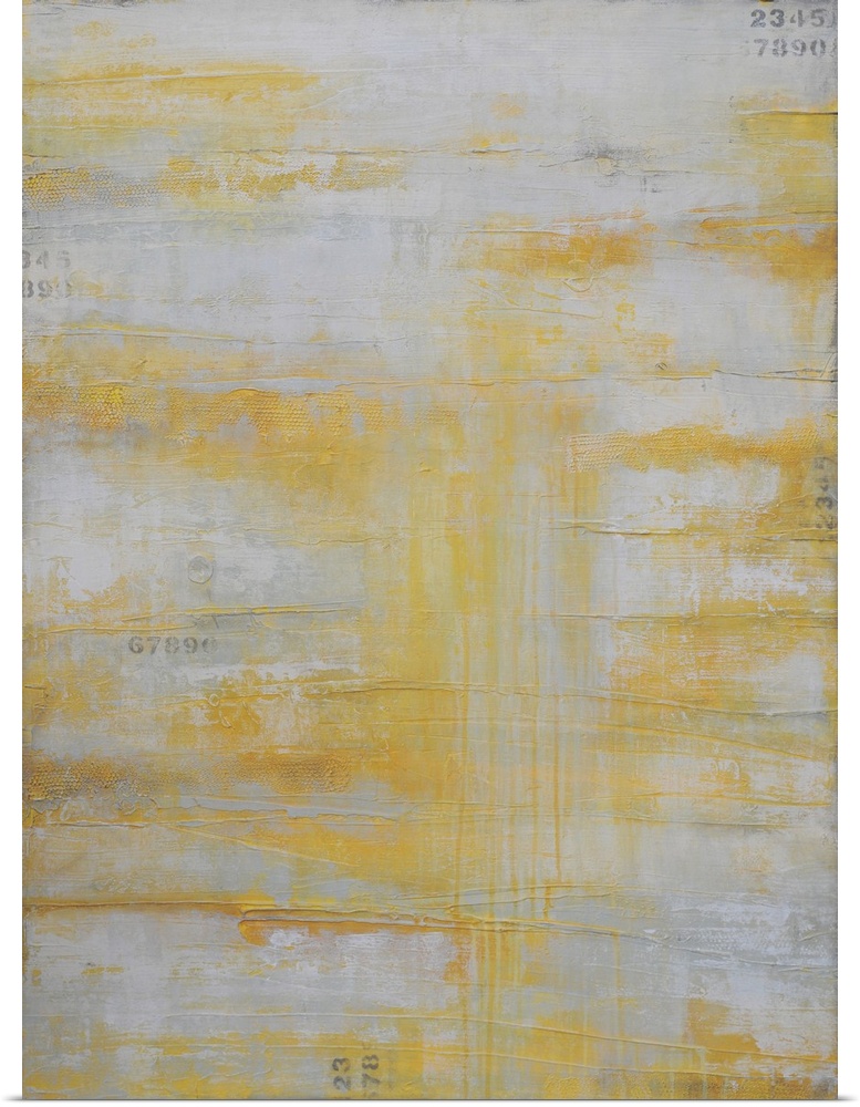 Abstract artwork with a silver background and gold dusted across it and dripping down.