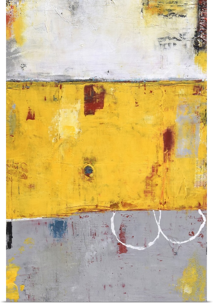 Contemporary abstract color field style painting using yellow and gray.