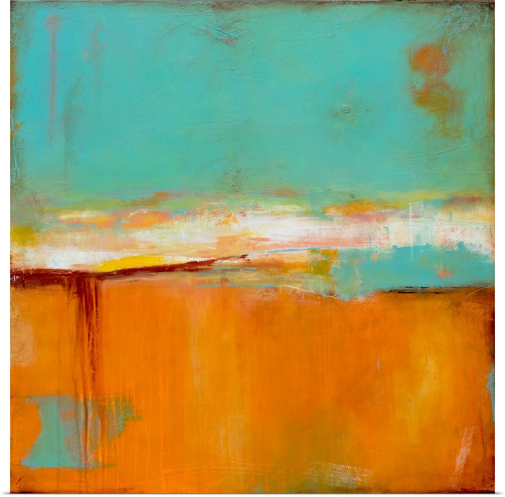 Square abstract painting with light blue on the top, a white band separating the top from the bottom, and a yellow-orange ...