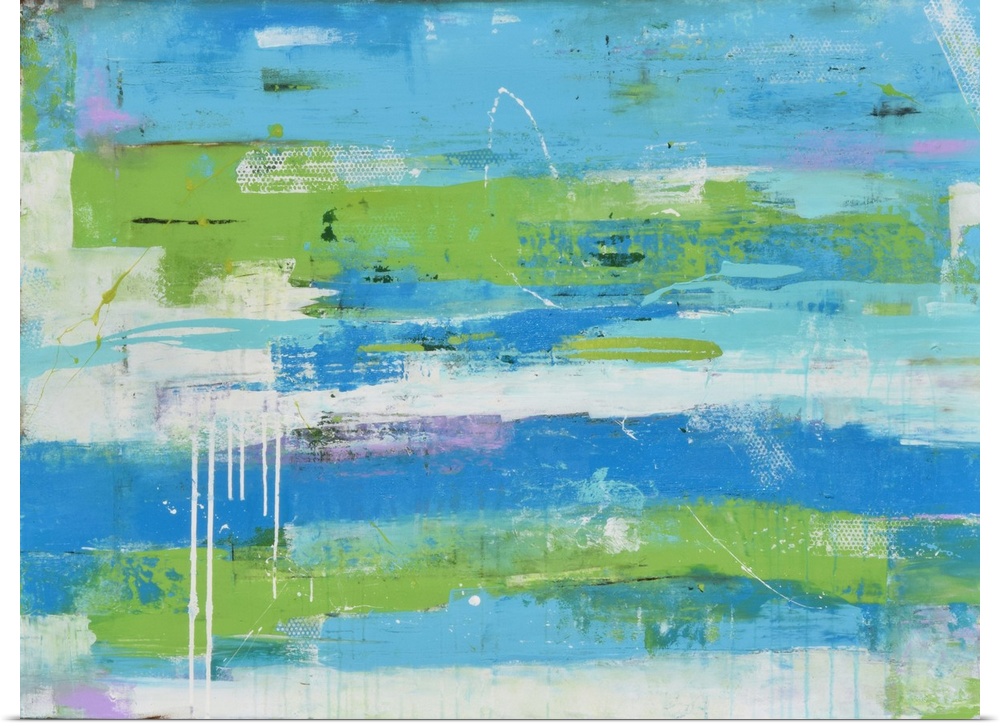 Contemporary abstract painting using blues and greens in a horizontal swiping motion.