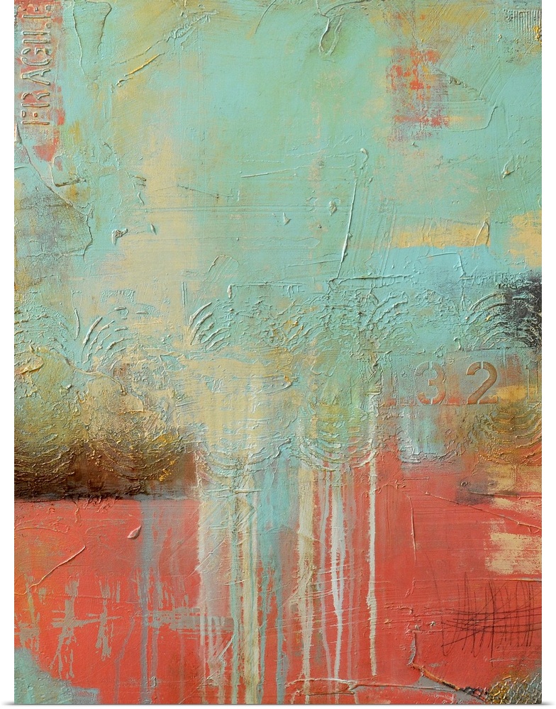 Contemporary abstract painting in pastel colors featuring drips of paint and textured elements, reminiscent of a peaceful ...