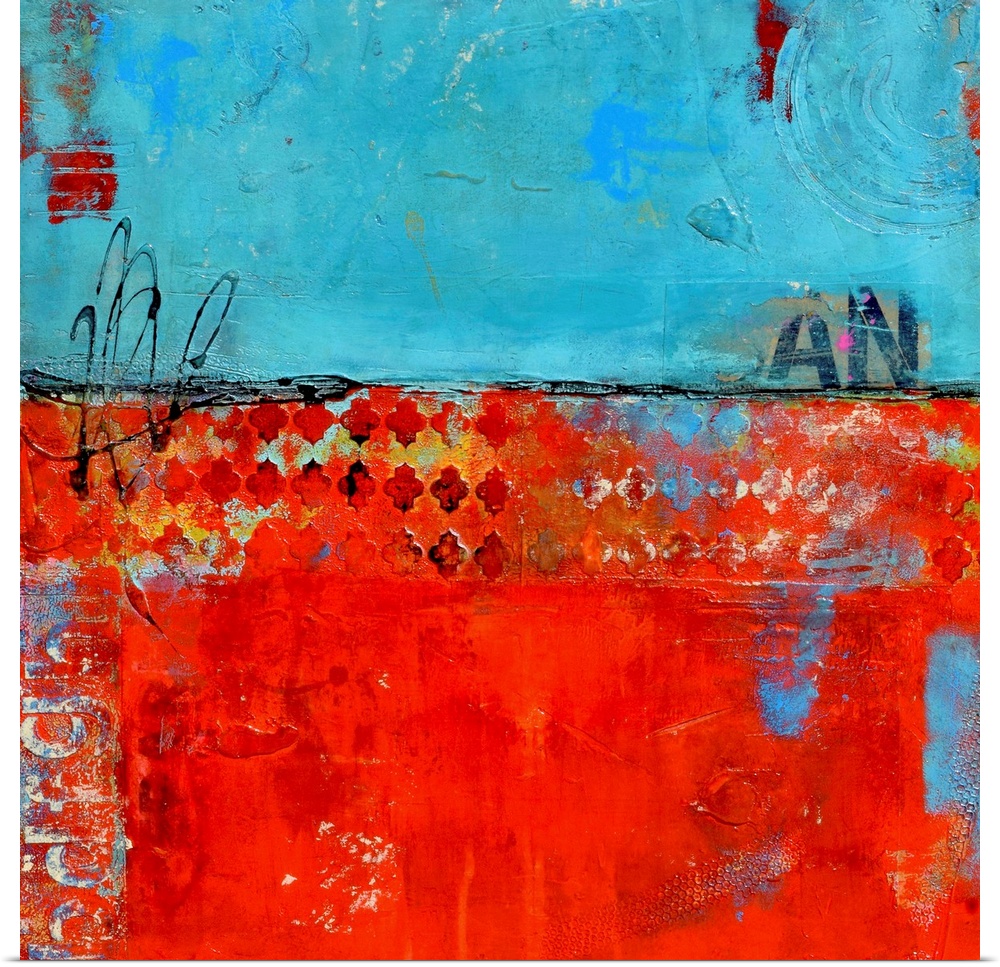 Contemporary abstract painting of a color-field of weathered blue and red, with partially concealed diamond pattern.