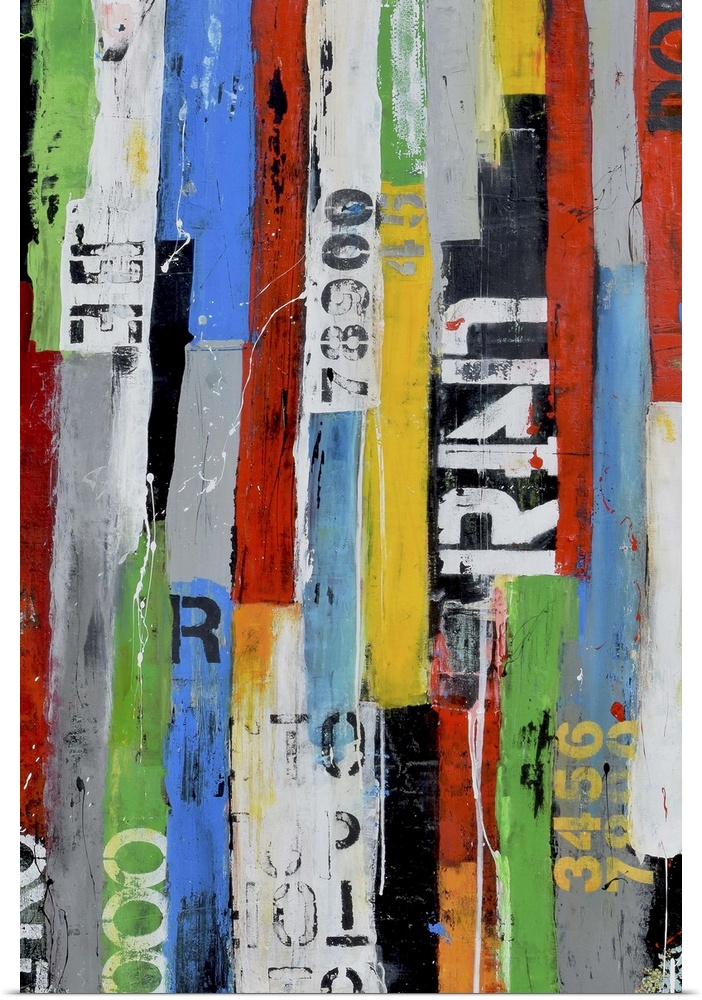 A contemporary abstract painting using multiple colors and partially stenciled letters in vertical strips.