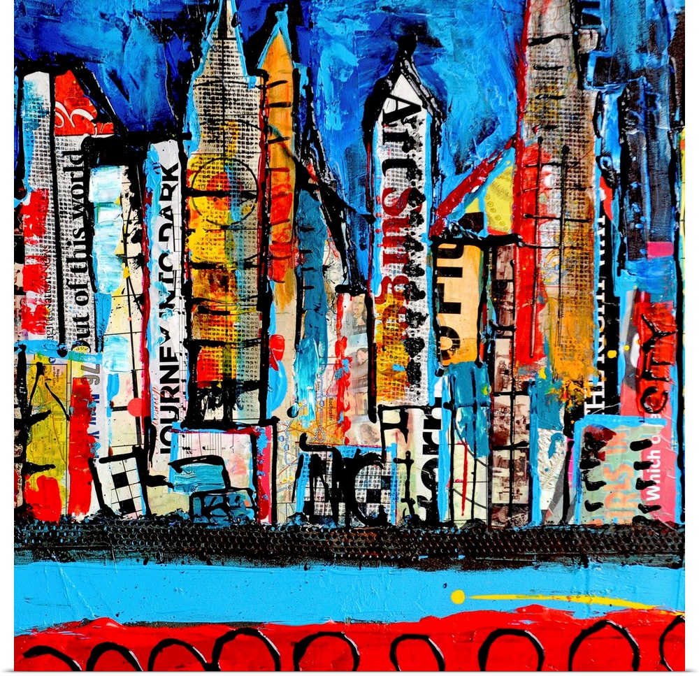 Big contemporary art portrays the New York skyline through the use of lively colors and cutouts from various materials inc...