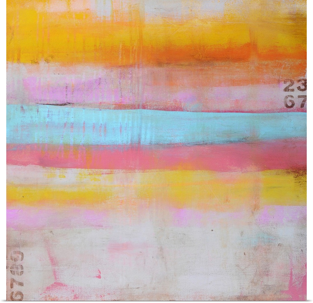 An abstract painting on a square shaped canvas of horizontal stripes of pastel colors, sanded paint textures, and sanded n...