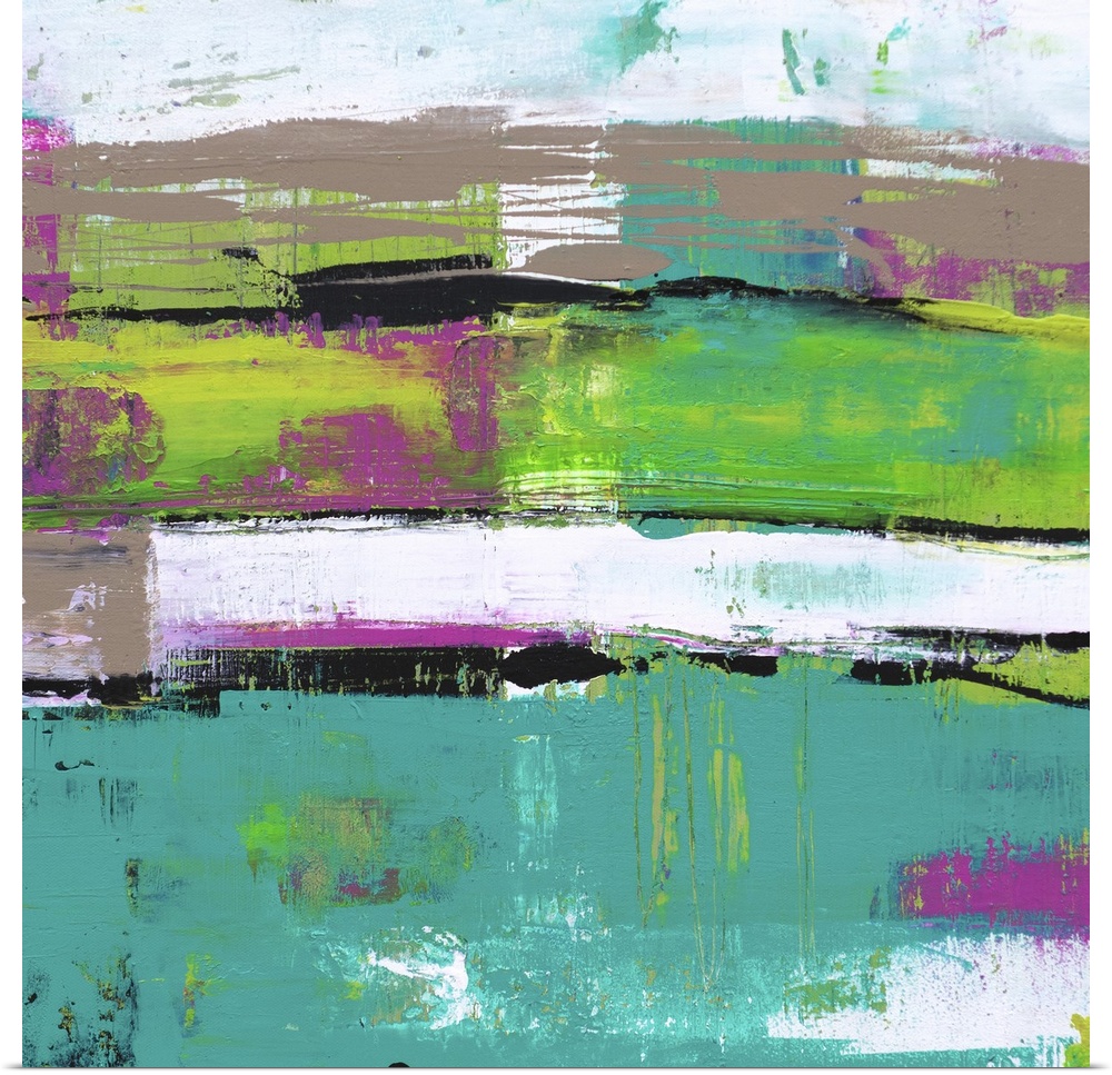 A square contemporary abstract painting made up of bright and playful hues of several shades of blue, green, and fuchsia, ...