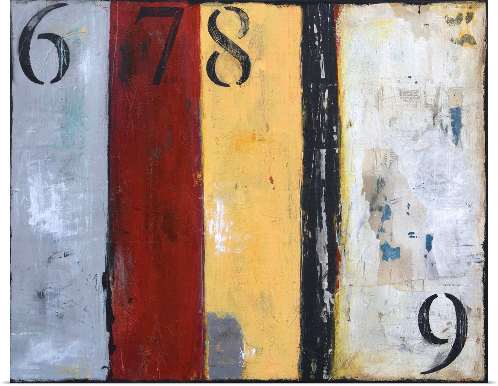 A contemporary abstract painting with grey, red, yellow and black vertical panels and the number 6, 7, and 8 located at th...