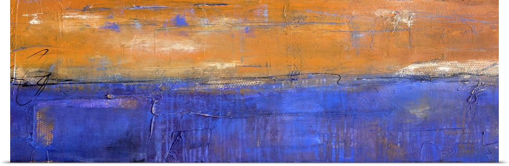 Panoramic abstract painting in bold orange and blue hues with white coming through and thin, black, squiggly lines on top.