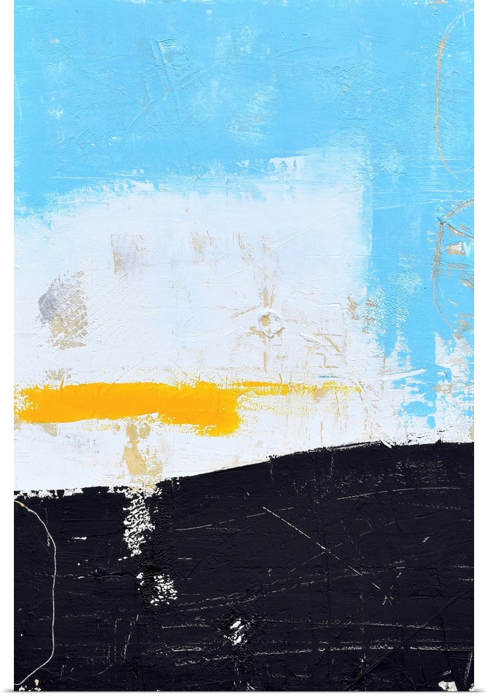 A contemporary abstract painting using light blue, white and black with a pop of yellow.