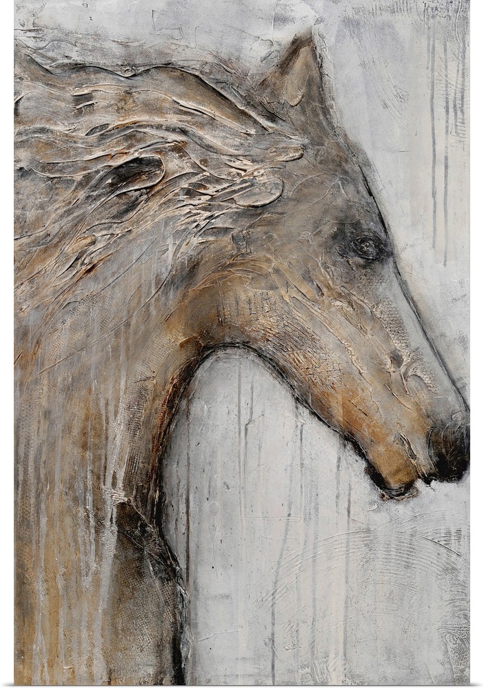 Portrait, oversized painting in neutral tones of the head and chest of a horse, mane blowing in the wind.  Image is painte...