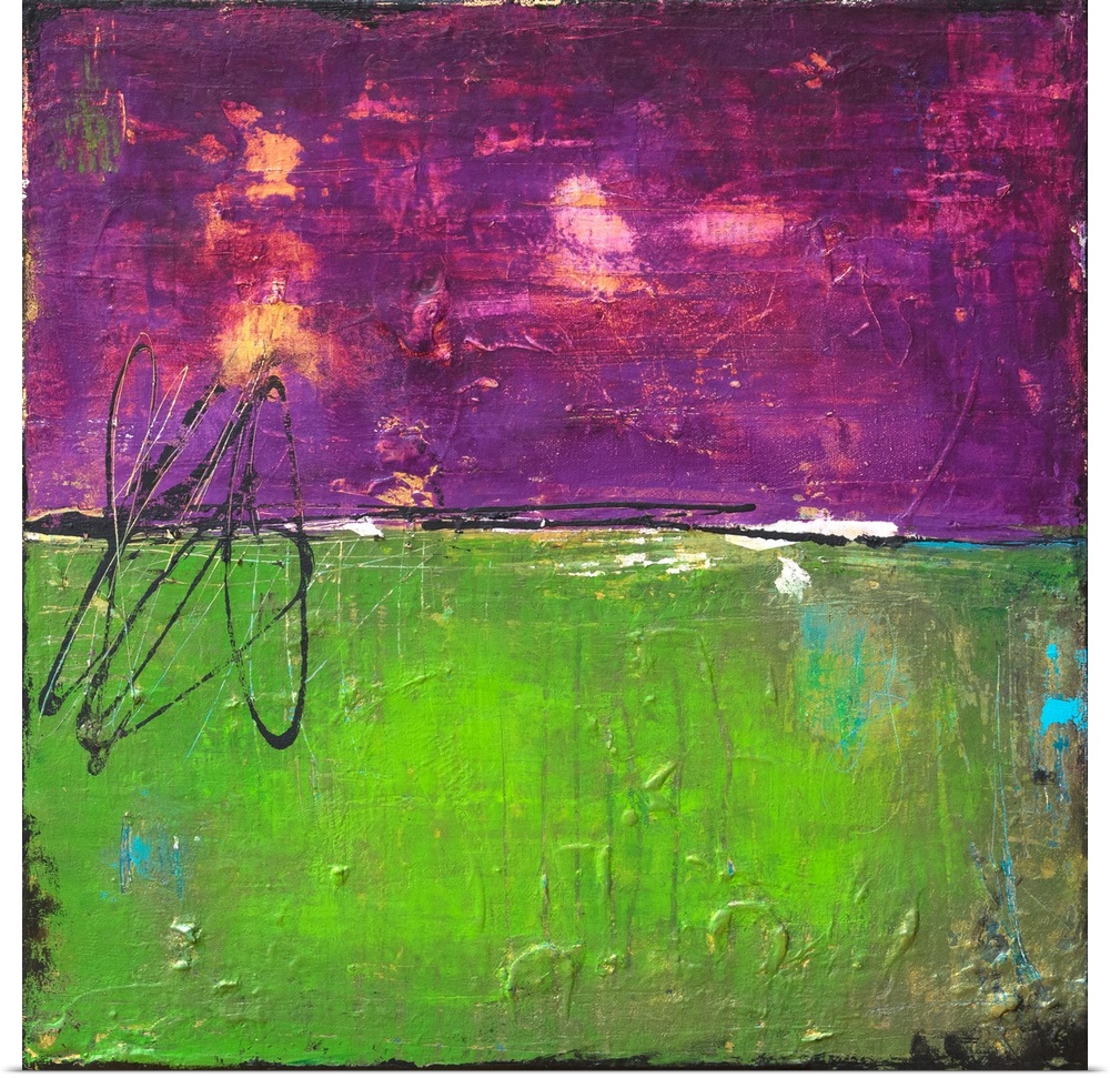 Abstract painting with a bright purple and bright green splitting the painting in half with a thin, black squiggly line ru...