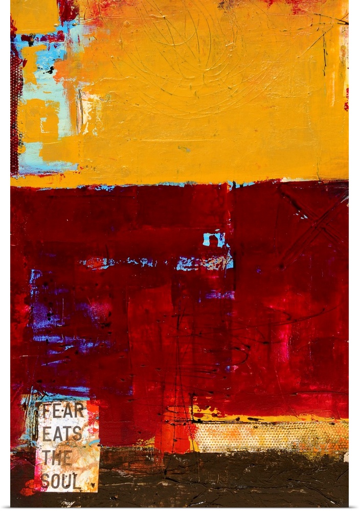 A vertical painting by a contemporary artist that is a variety of paint textures, complementary colors, and the text oFear...