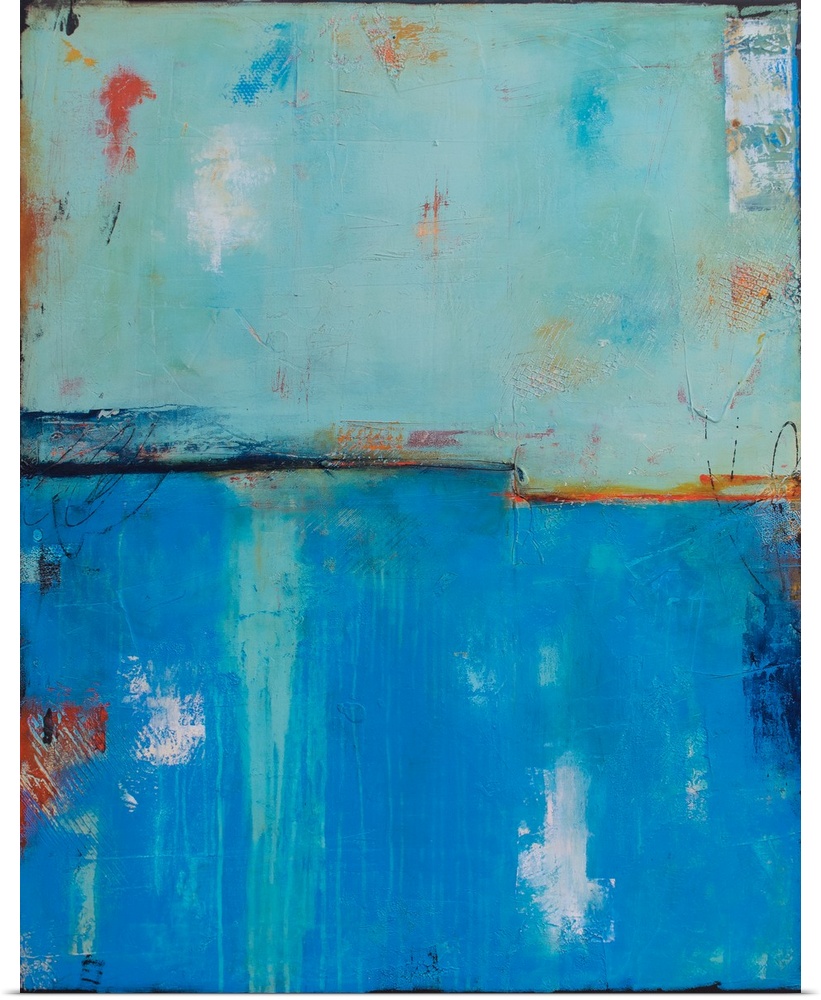 Abstract painting with a cool blue toned background and warm pops of red and orange on top giving it a grungy look.