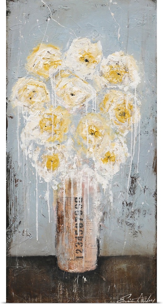 This heavily textured abstract artwork makes use of layered designs and accents of paint drips to create a bouquet of flow...