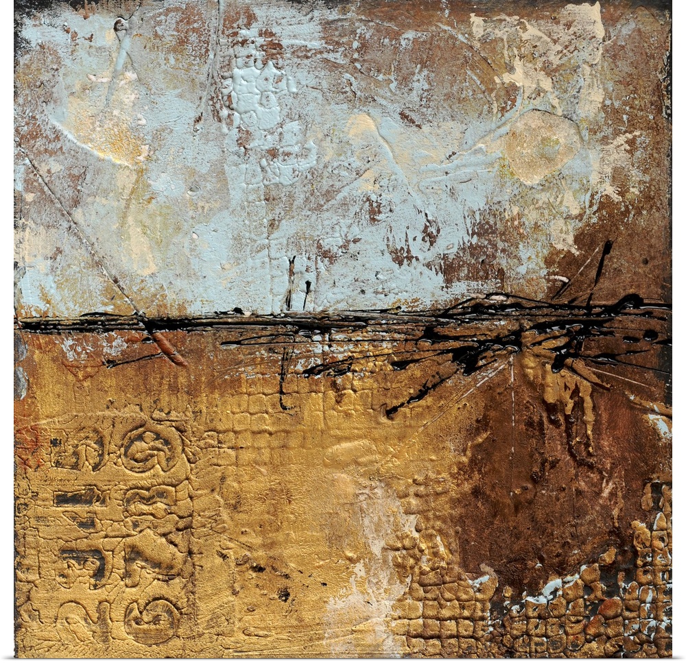 This heavily textured abstract artwork makes use of layered designs and accents of paint drips.