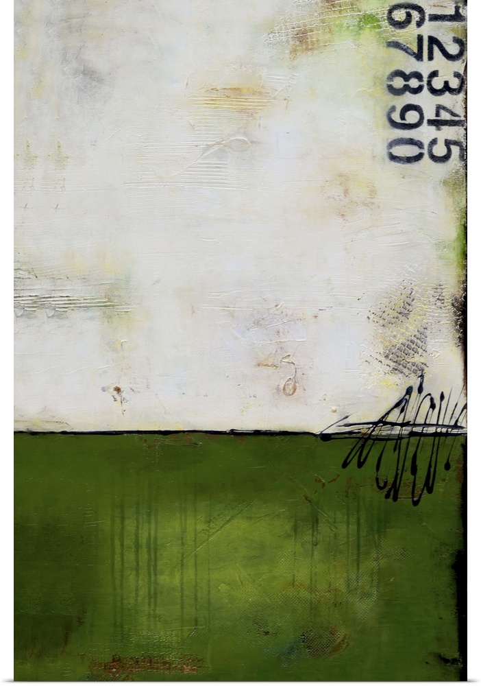 Contemporary abstract painting using dark green and stenciled numbers.