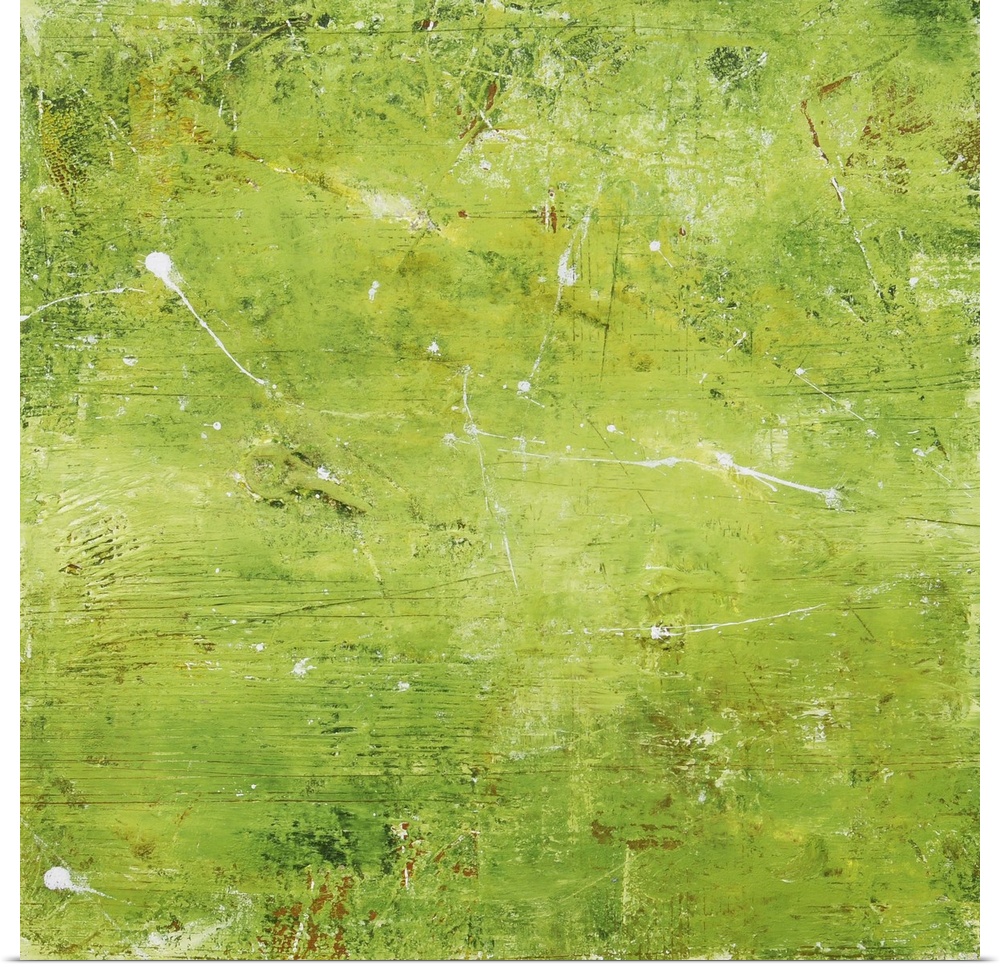 Contemporary abstract painting using bright green and small splashes of white.