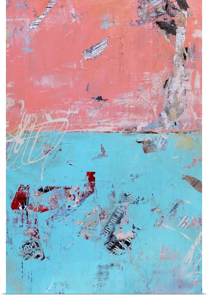 A contemporary abstract made with a mixture of blue and salmon pink hues as well as newspaper cuttings underneath that hav...