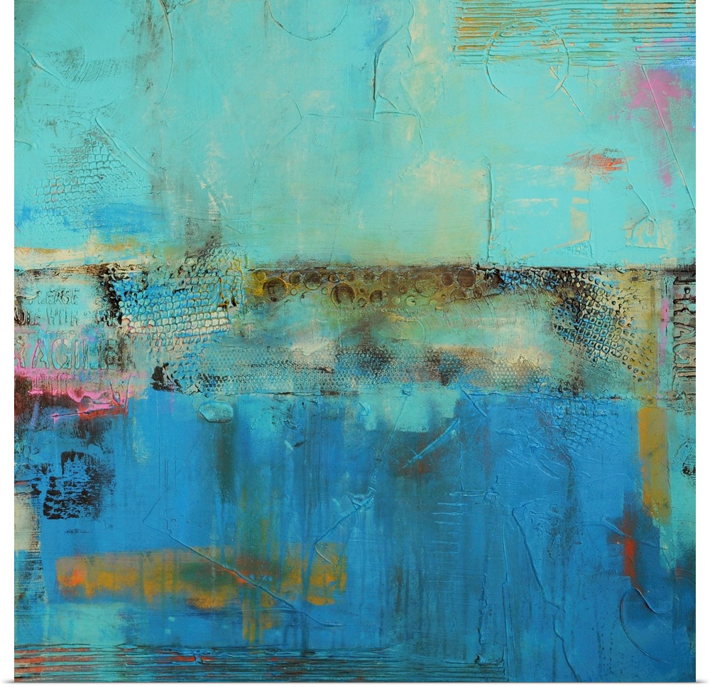 Contemporary abstract, square shaped wall art with collaged textures and unusual brushstrokes.
