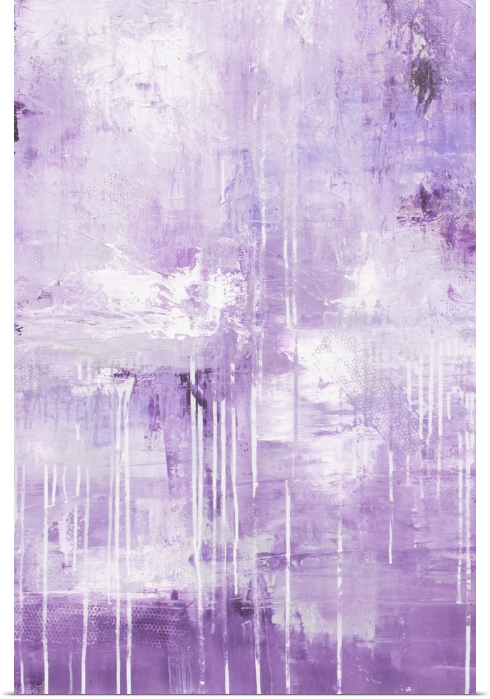 A contemporary abstract painting made up of mostly lavender mixed with darker shades of purple and soft white overlays wit...