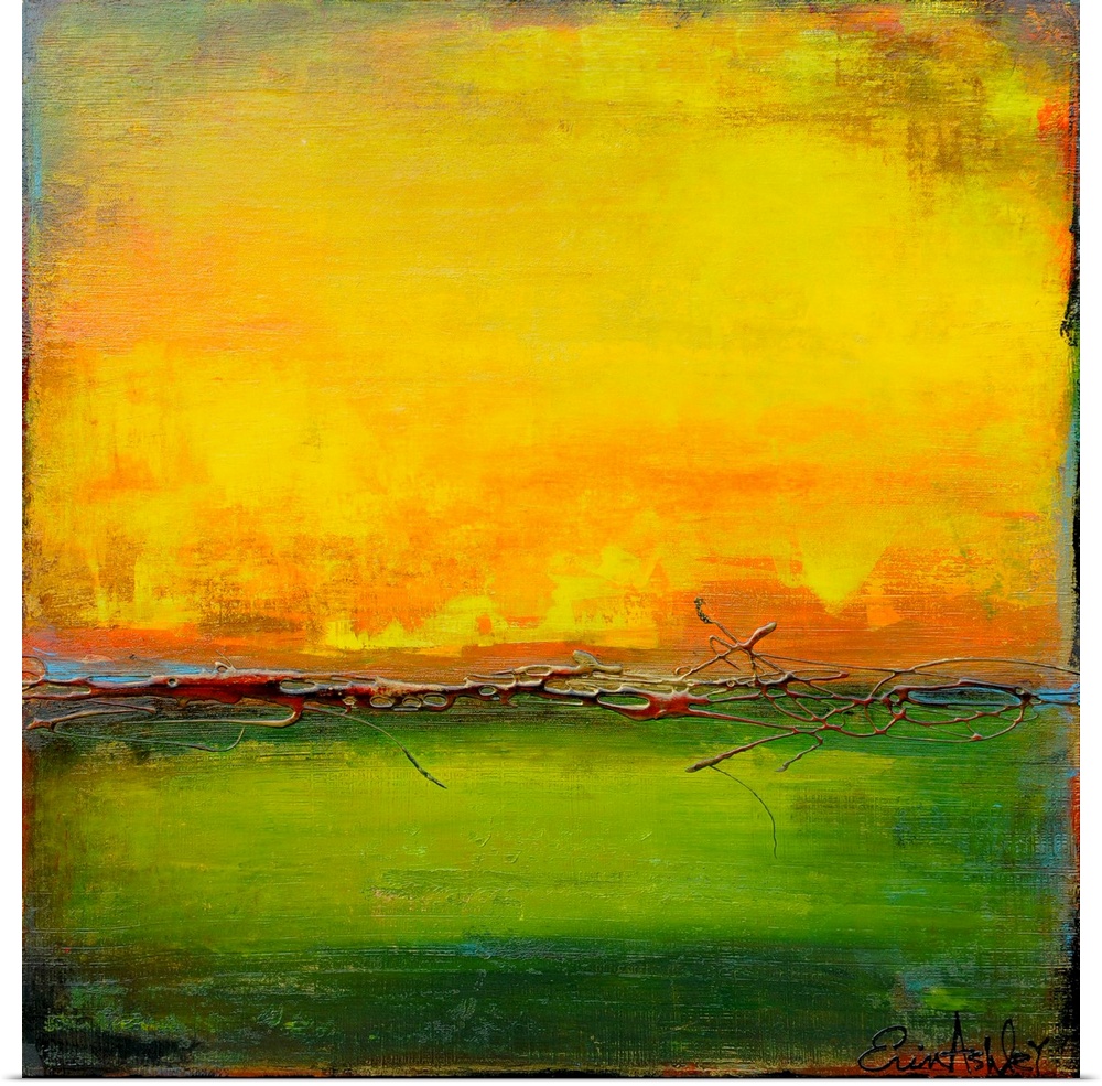 Contemporary color field style painting using vibrant green and yellow tones.